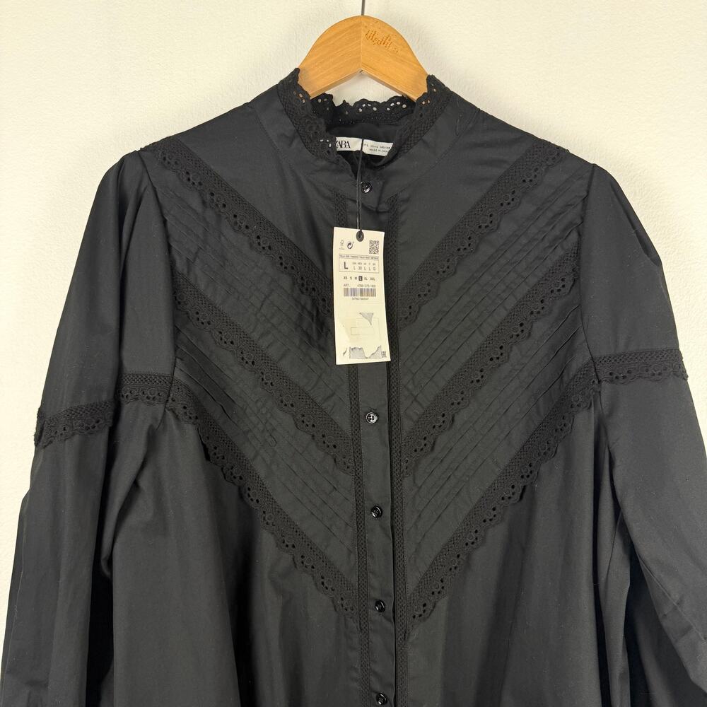 Zara Black Long Puff Sleeve Poplin Button Up Mini Shirt Dress Pintuck Lace LARGE - Picture 6 of 10